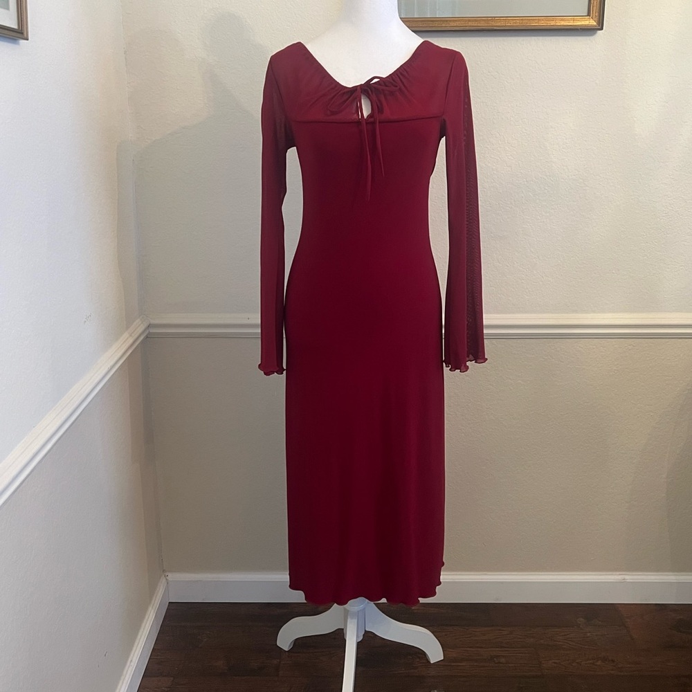 Dark Red Long Sleeve Holiday Dress with small Bow